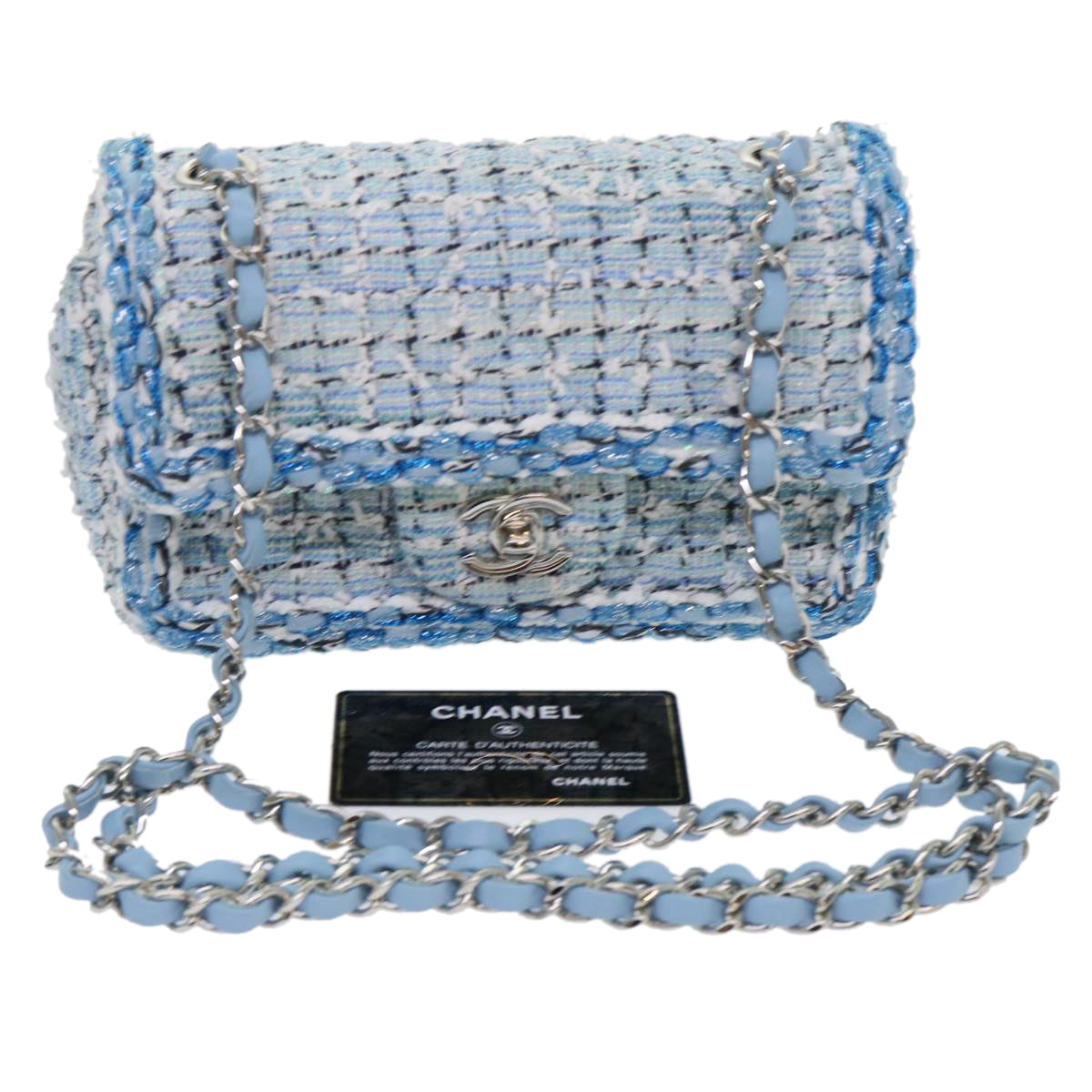 CHANEL Chain Shoulder Bag Tweed Blue CC Auth 47496A