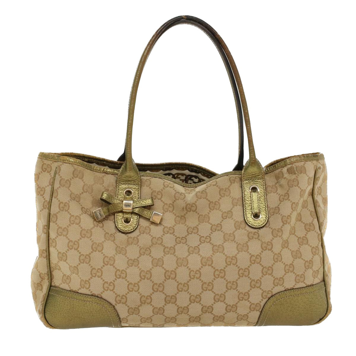 GUCCI GG Canvas Shoulder Bag Leather Beige Gold 168805 Auth 47525