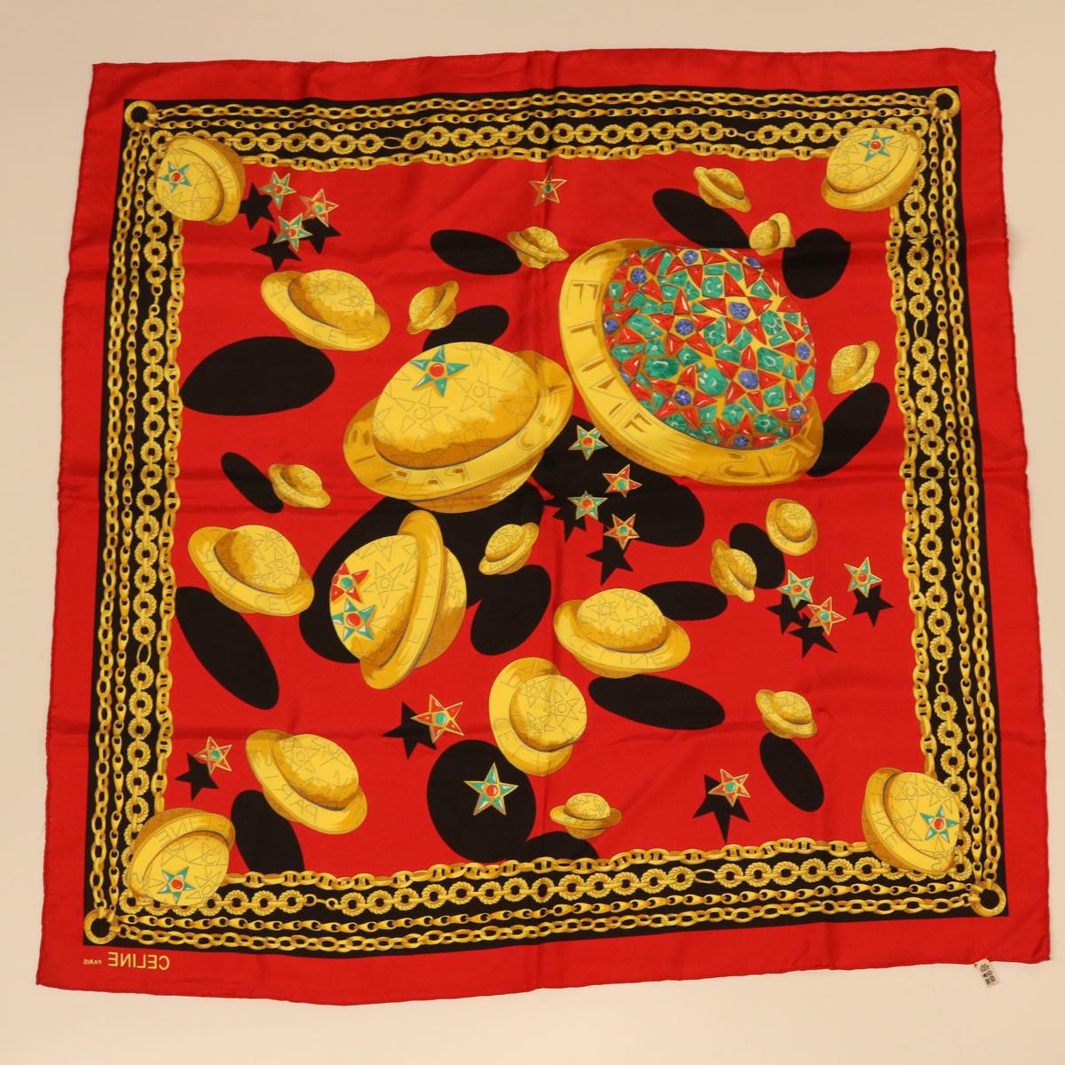 CELINE Scarf Silk Red Black yellow Auth 47529