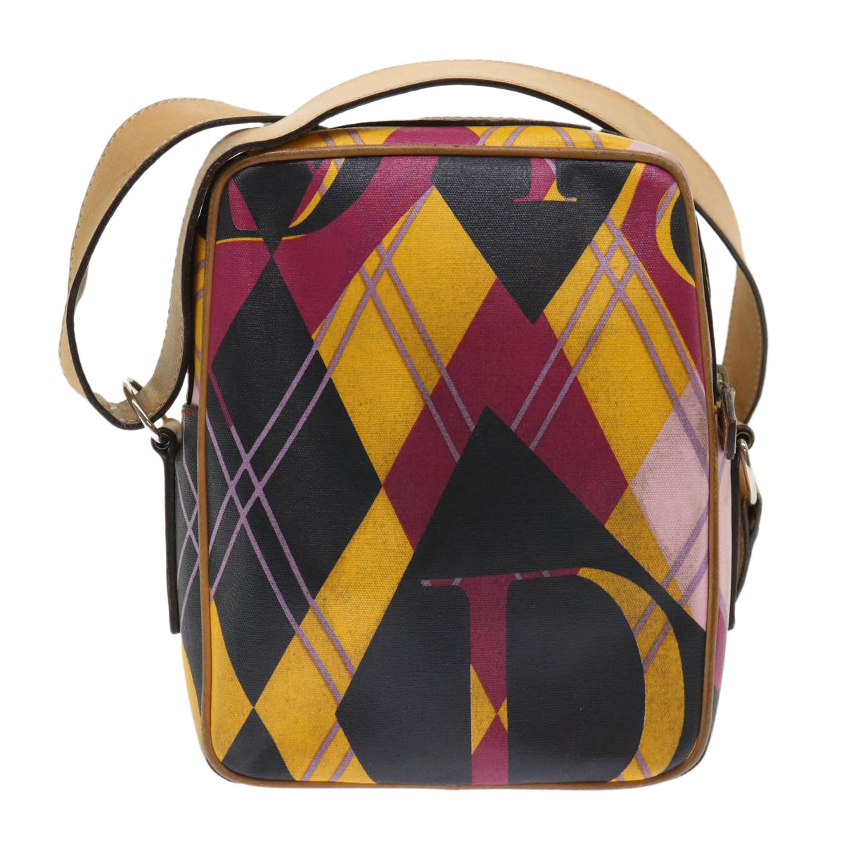 Christian Dior Argyle Check Shoulder Bag Nylon Yellow Pink 05-MA-0064 Auth 47588