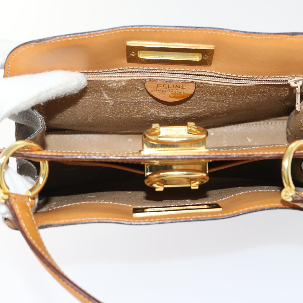 CELINE Macadam Canvas Hand Bag PVC Leather Brown Auth 47659