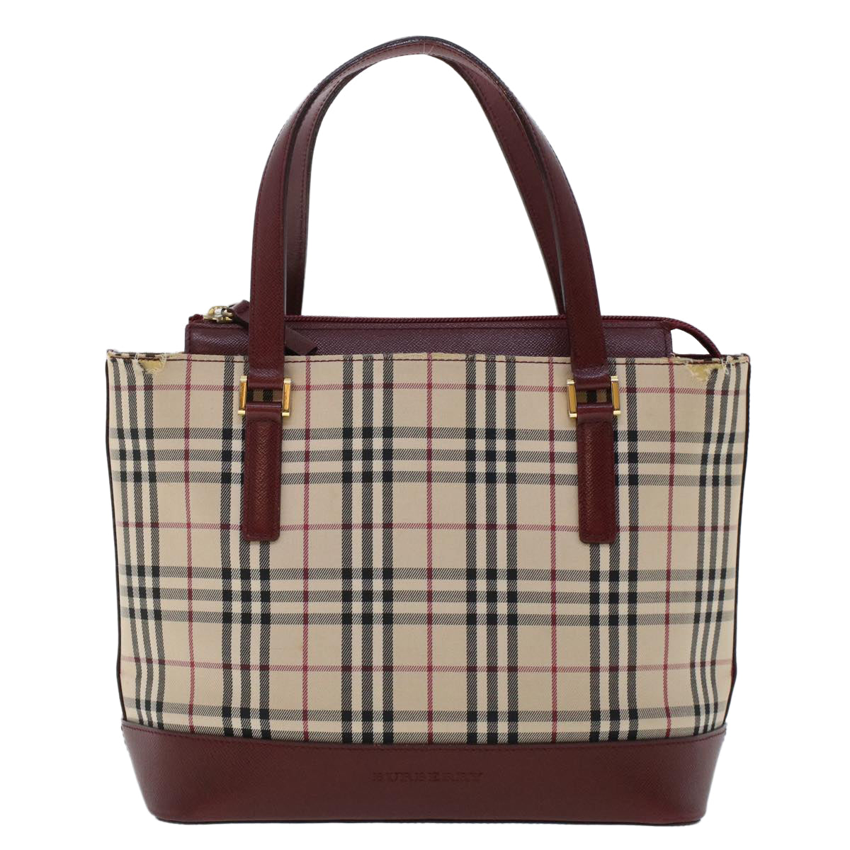 BURBERRY Nova Check Hand Bag Canvas Beige Wine Red Auth 48021