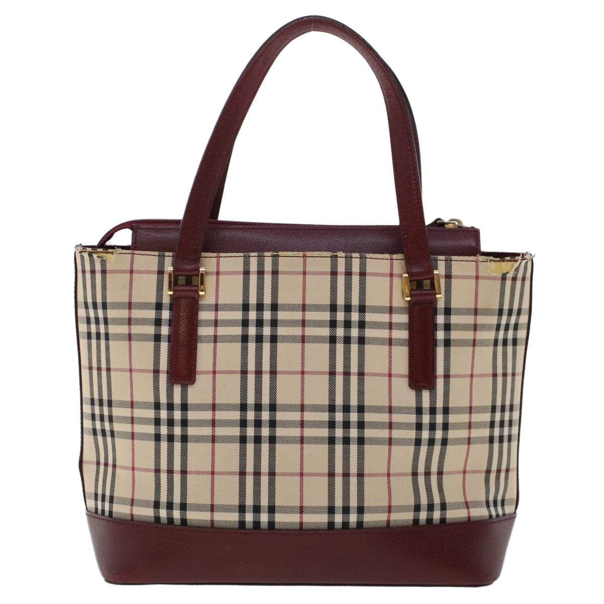 BURBERRY Nova Check Hand Bag Canvas Beige Wine Red Auth 48021