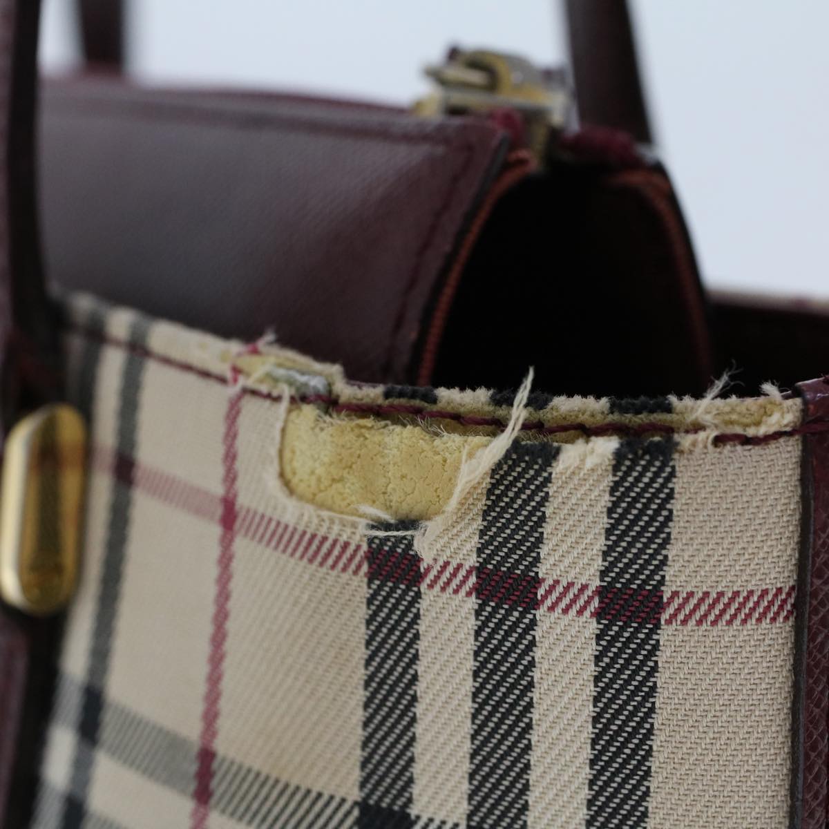 BURBERRY Nova Check Hand Bag Canvas Beige Wine Red Auth 48021