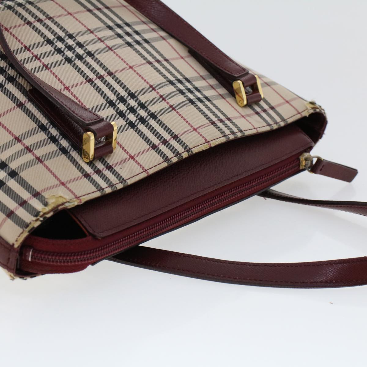 BURBERRY Nova Check Hand Bag Canvas Beige Wine Red Auth 48021