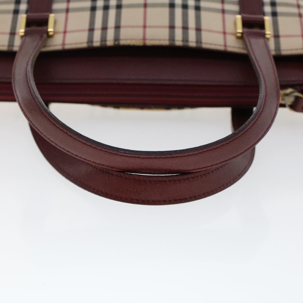 BURBERRY Nova Check Hand Bag Canvas Beige Wine Red Auth 48021