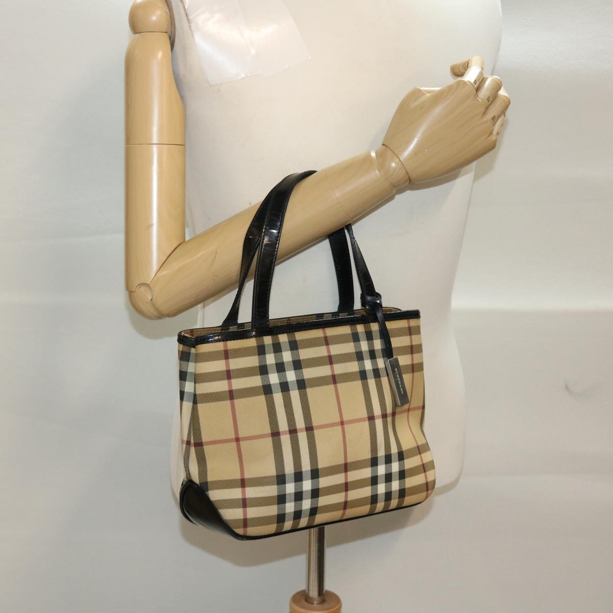 BURBERRY Nova Check Hand Bag PVC Leather Beige Black Auth 48032