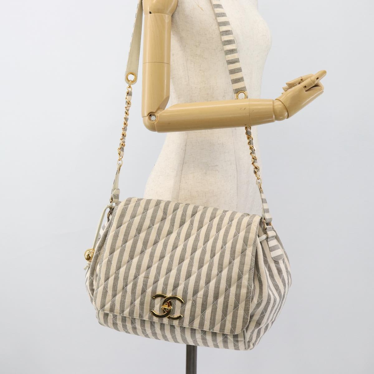 CHANEL Matelasse Shoulder Bag Canvas Light Blue White CC Auth 48071AV