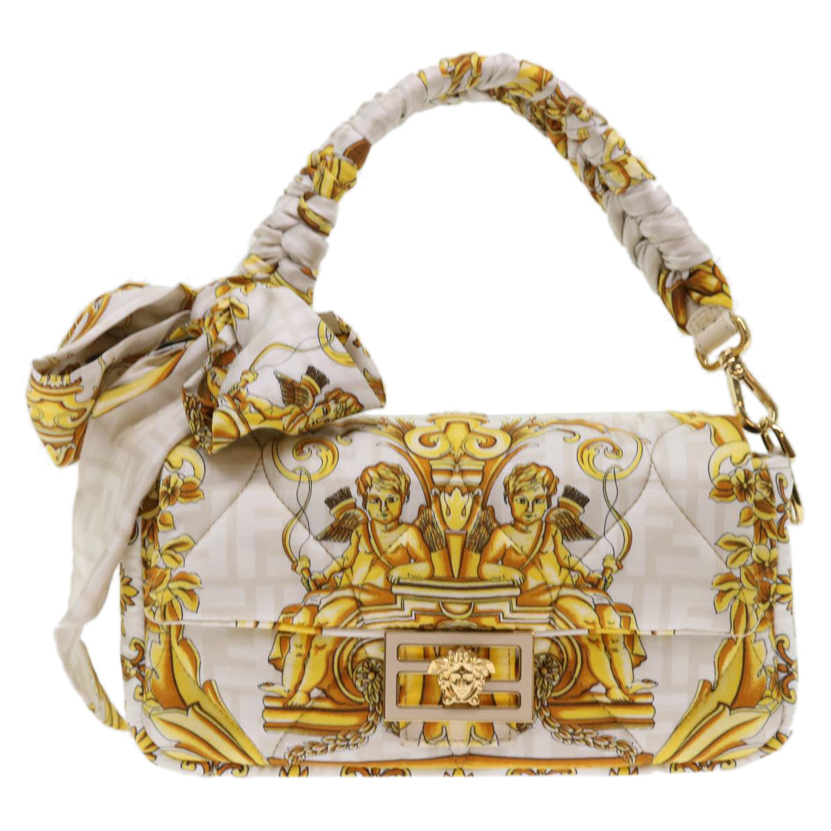 FENDI Baguette Shoulder Bag Polyester 2way White 8BR600 AK2D Auth 48072SM