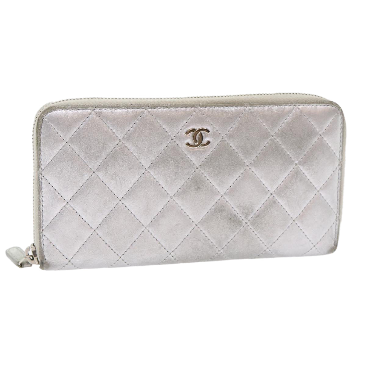 CHANEL Matelasse Wallet Lamb Skin Silver CC Auth 48192