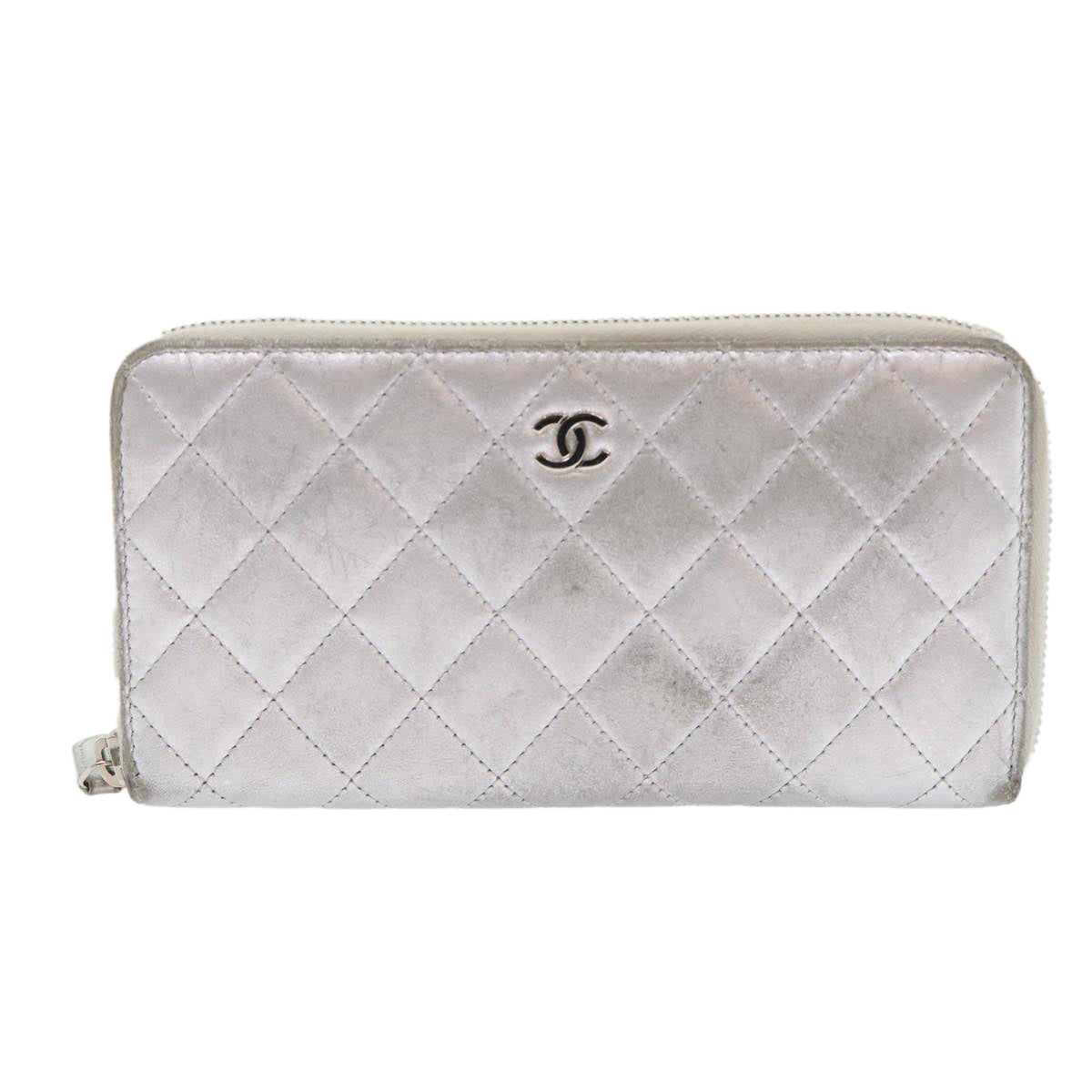 CHANEL Matelasse Wallet Lamb Skin Silver CC Auth 48192