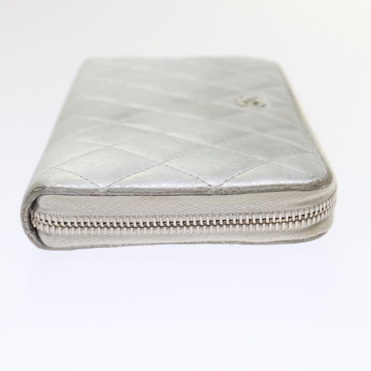 CHANEL Matelasse Wallet Lamb Skin Silver CC Auth 48192