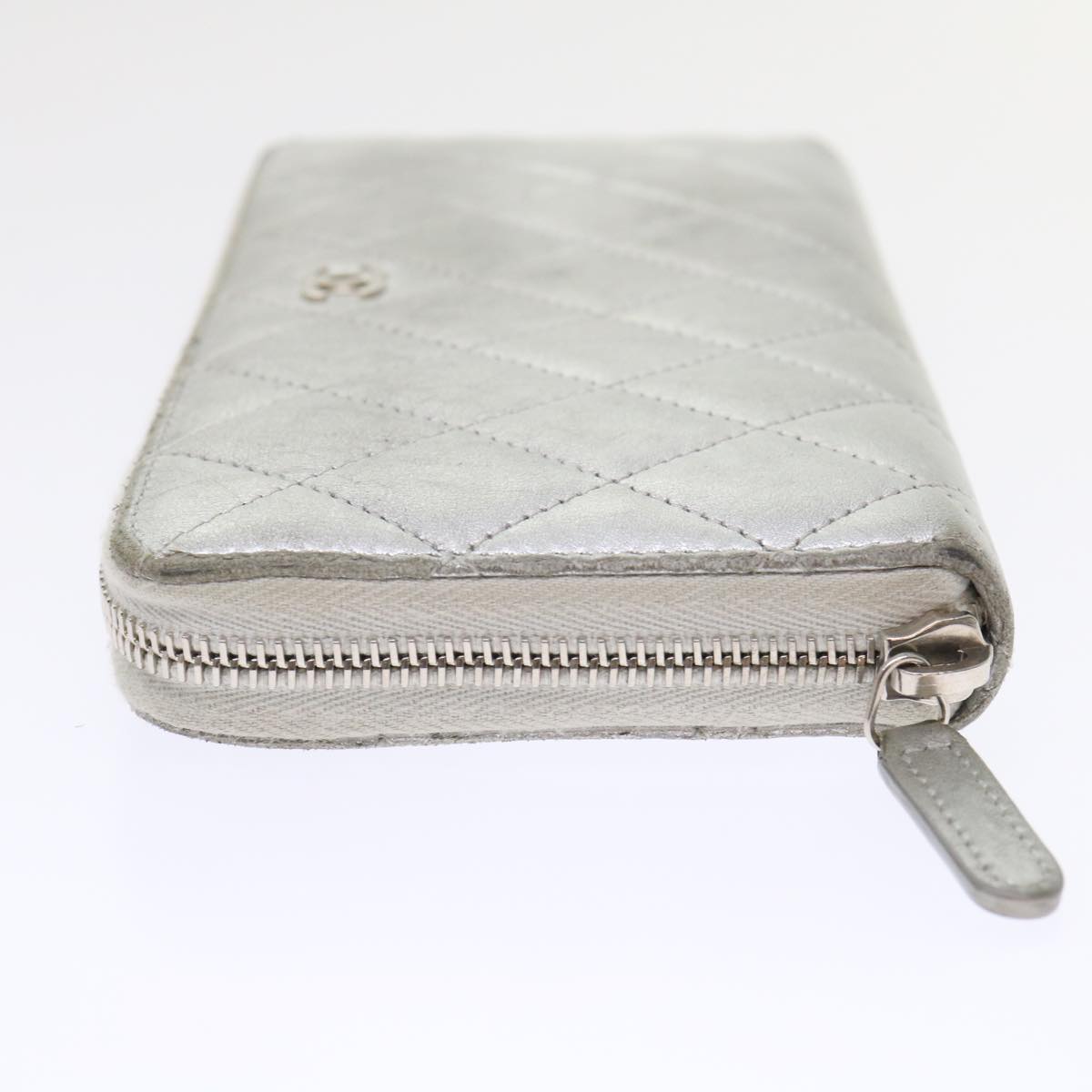 CHANEL Matelasse Wallet Lamb Skin Silver CC Auth 48192