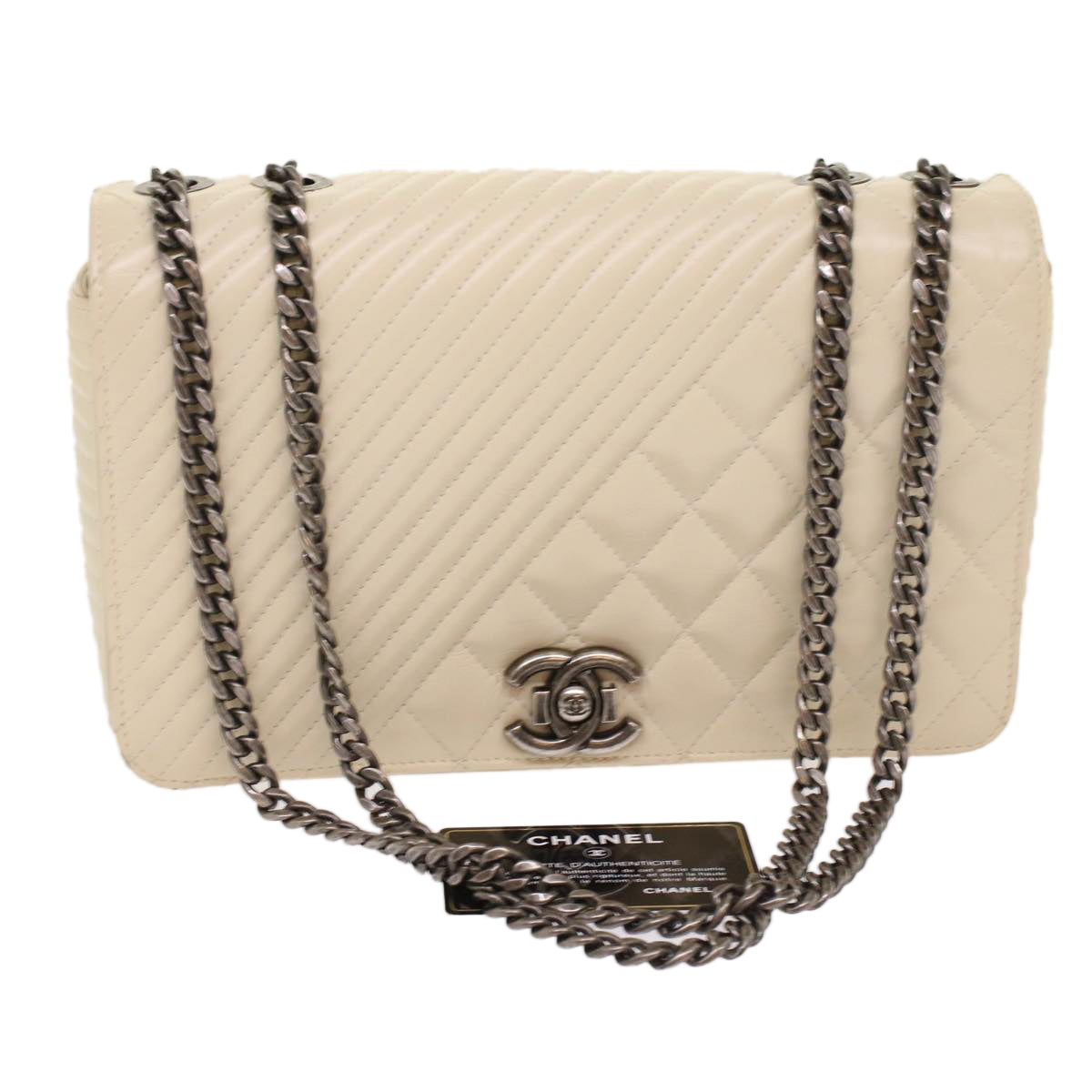 CHANEL Chevron x Matelasse Chain Shoulder Bag Lamb Skin White CC Auth 48469A