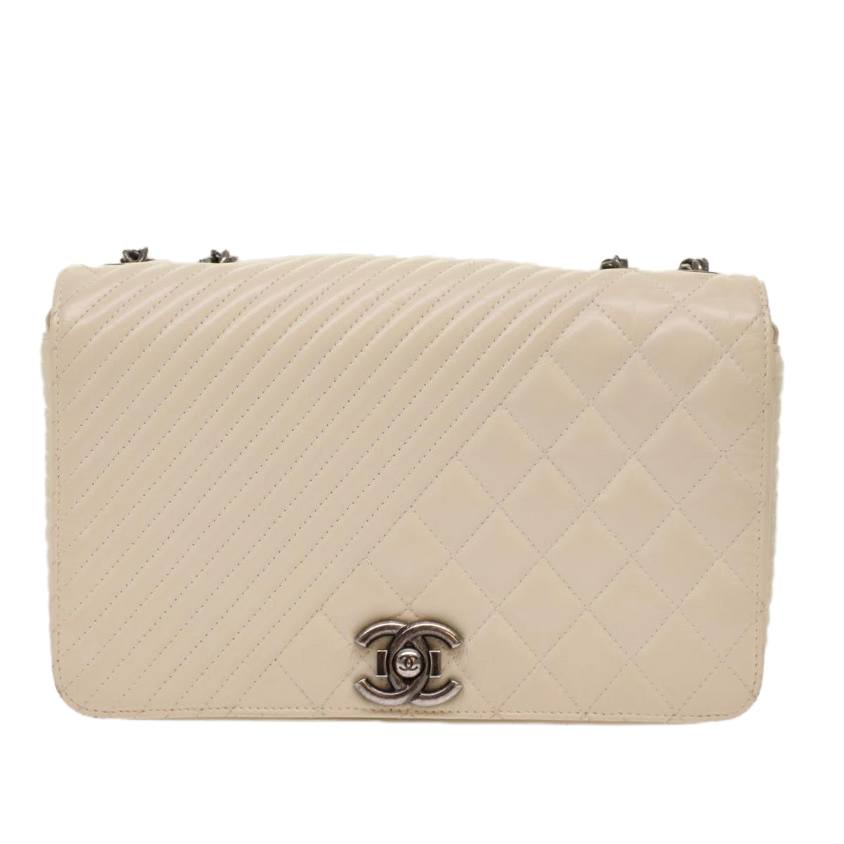 CHANEL Chevron x Matelasse Chain Shoulder Bag Lamb Skin White CC Auth 48469AV