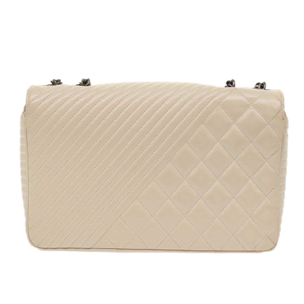 CHANEL Chevron x Matelasse Chain Shoulder Bag Lamb Skin White CC Auth 48469A