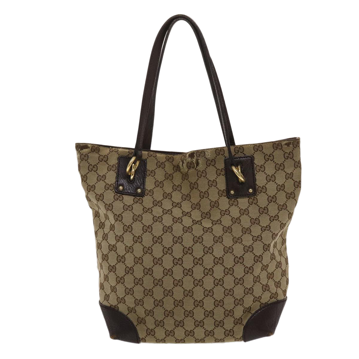 GUCCI GG Canvas Tote Bag Beige Dark Brown Auth 49048