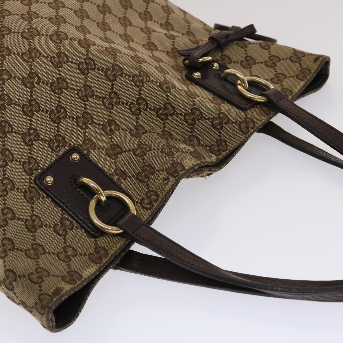 GUCCI GG Canvas Tote Bag Beige Dark Brown Auth 49048