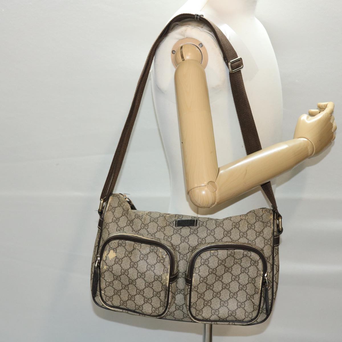 GUCCI GG Canvas Shoulder Bag PVC Leather Beige Dark Brown Auth 49064