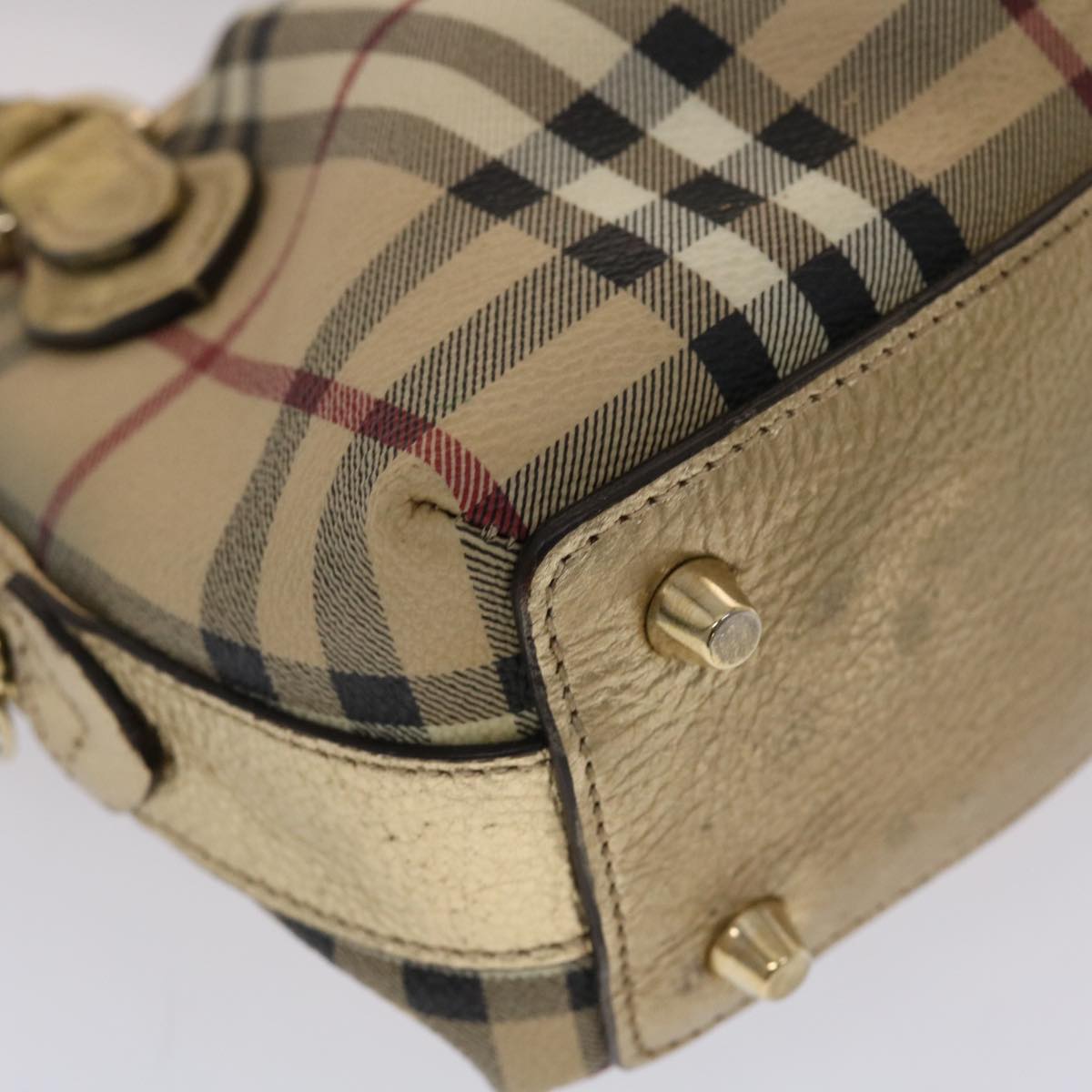 BURBERRY Nova Check Hand Bag PVC Leather Beige Gold Auth 49100