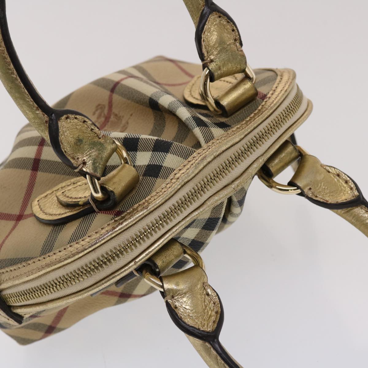 BURBERRY Nova Check Hand Bag PVC Leather Beige Gold Auth 49100