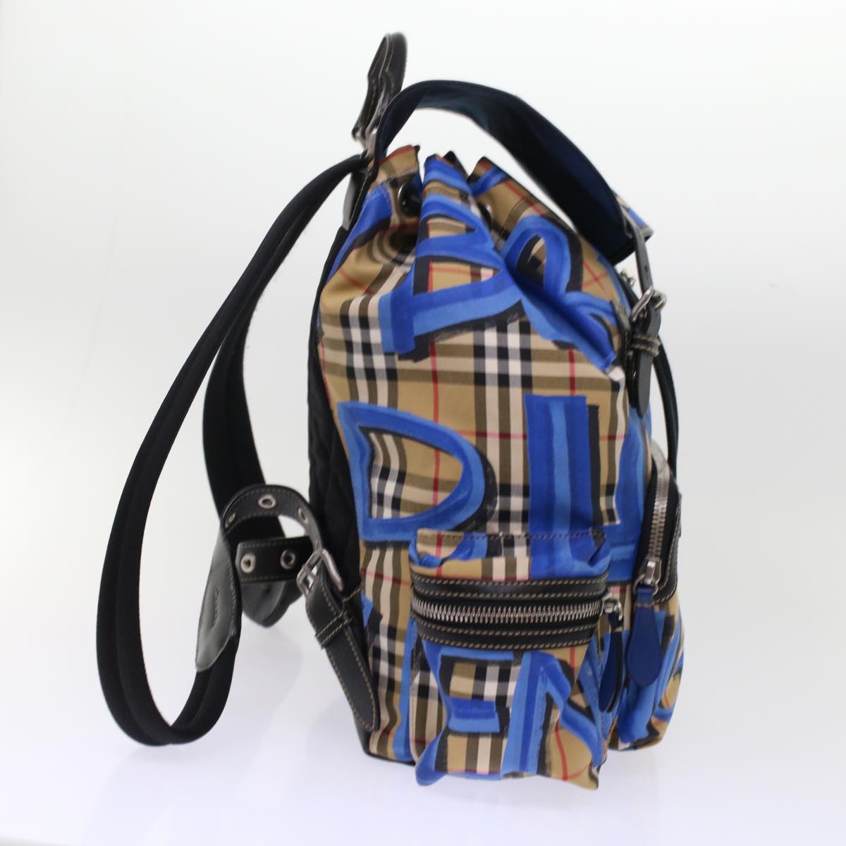 BURBERRY Nova Check Graffiti Backpack Canvas Leather Beige Blue Auth 49119A