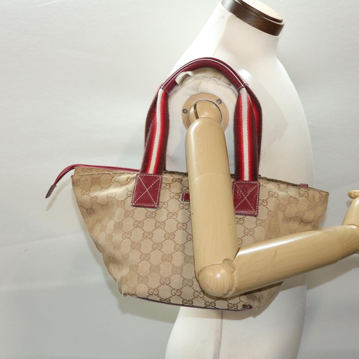 GUCCI GG Canvas Sherry Line Hand Bag Canvas Beige Red White 131228 Auth 49286