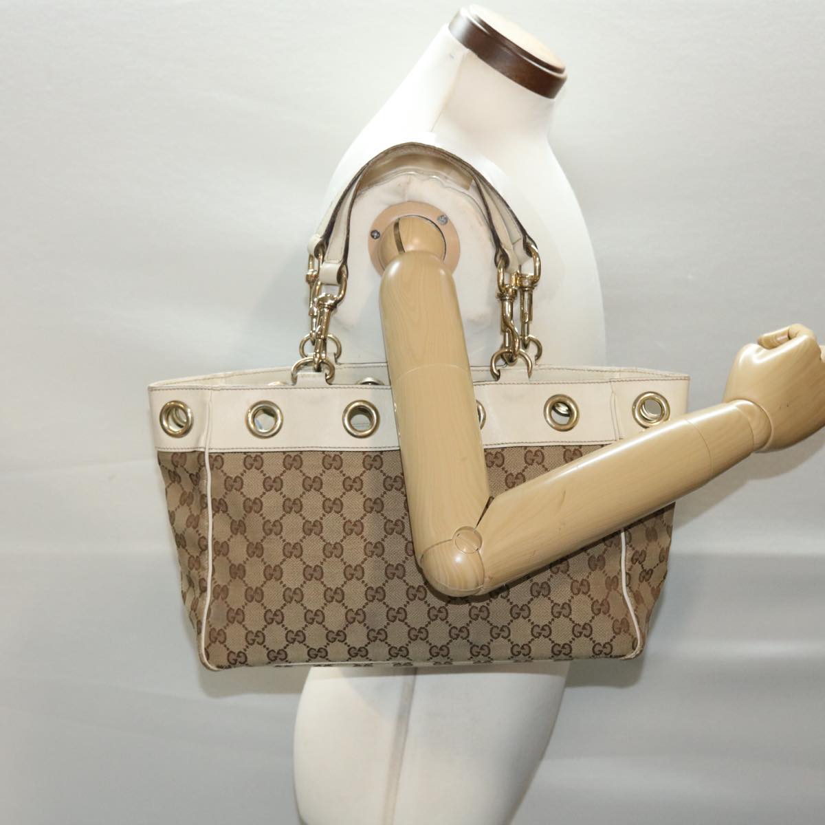 GUCCI GG Canvas Tote Bag Canvas Leather Beige White 162879 Auth 49289