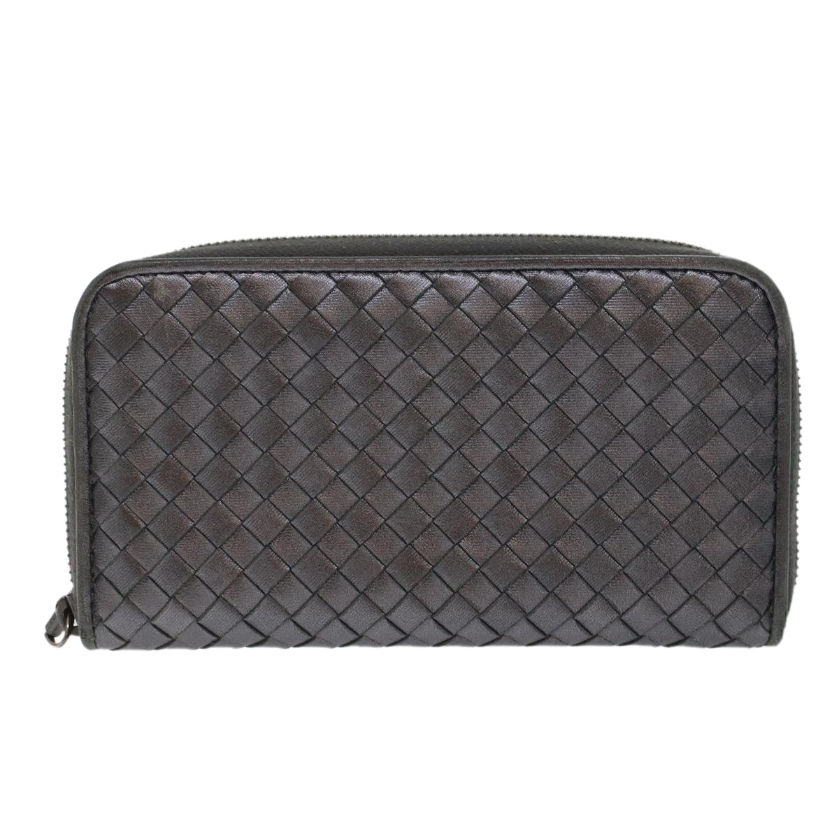 BOTTEGA VENETA INTRECCIATO Long Wallet Leather Gray Auth 49386