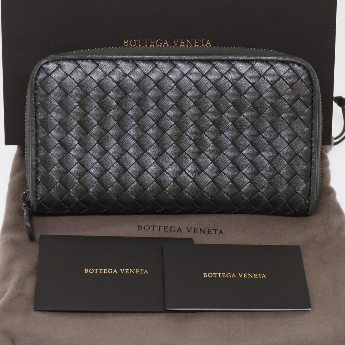 BOTTEGA VENETA INTRECCIATO Long Wallet Leather Gray Auth 49386