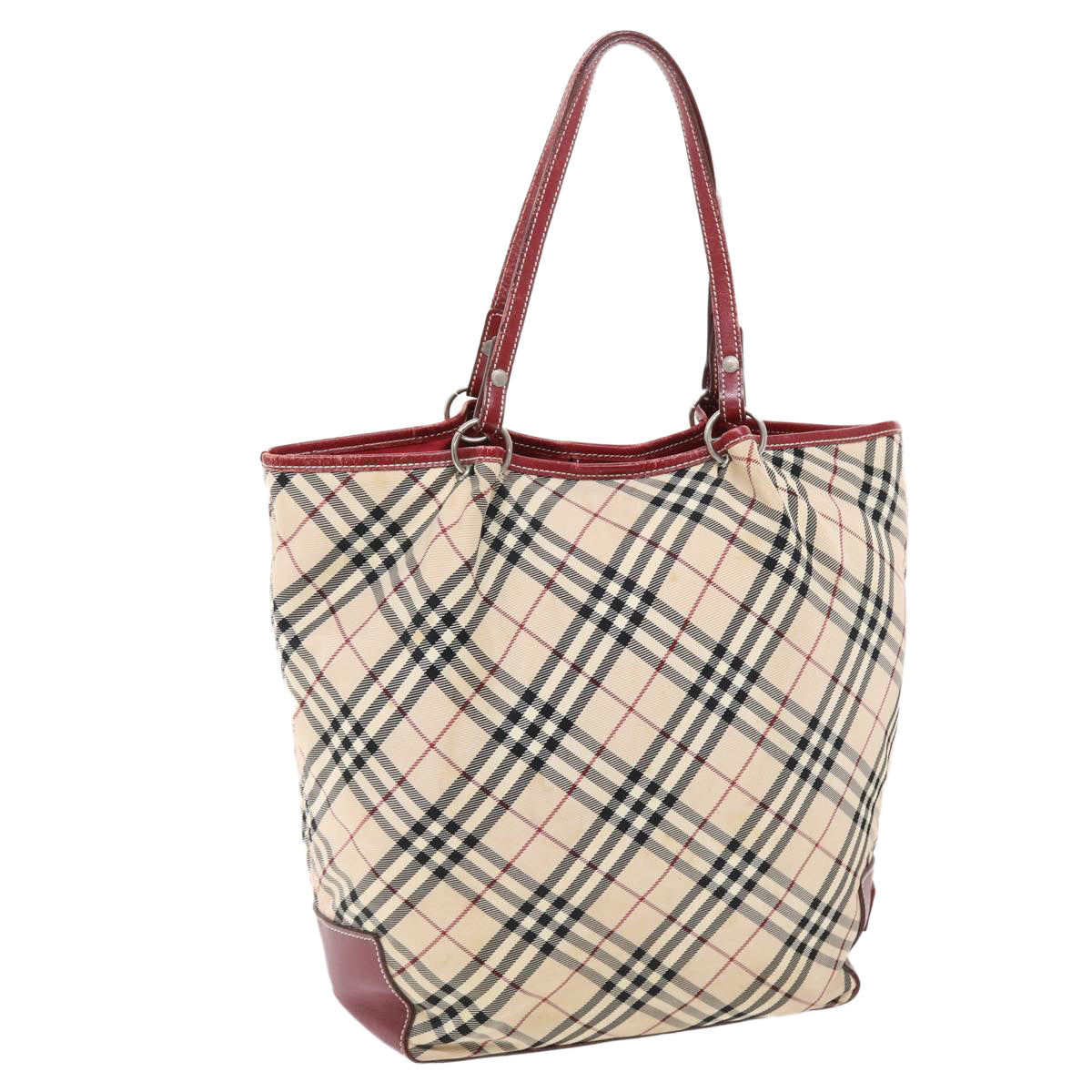 BURBERRY Nova Check Blue Label Tote Bag Nylon Beige Red Auth 49770