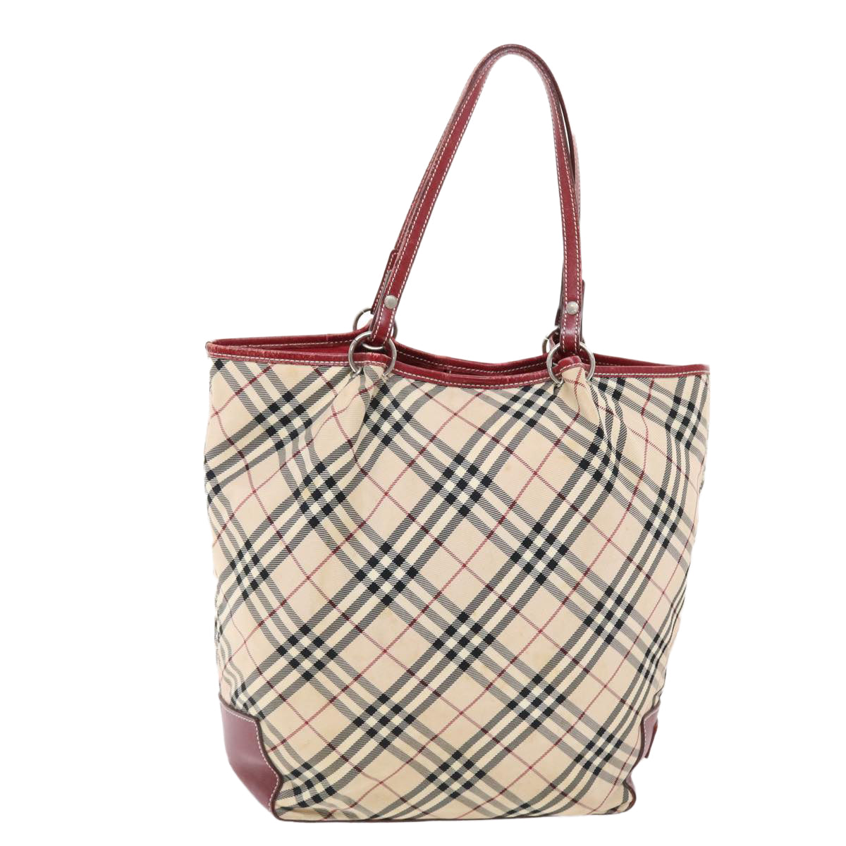 BURBERRY Nova Check Blue Label Tote Bag Nylon Beige Red Auth 49770