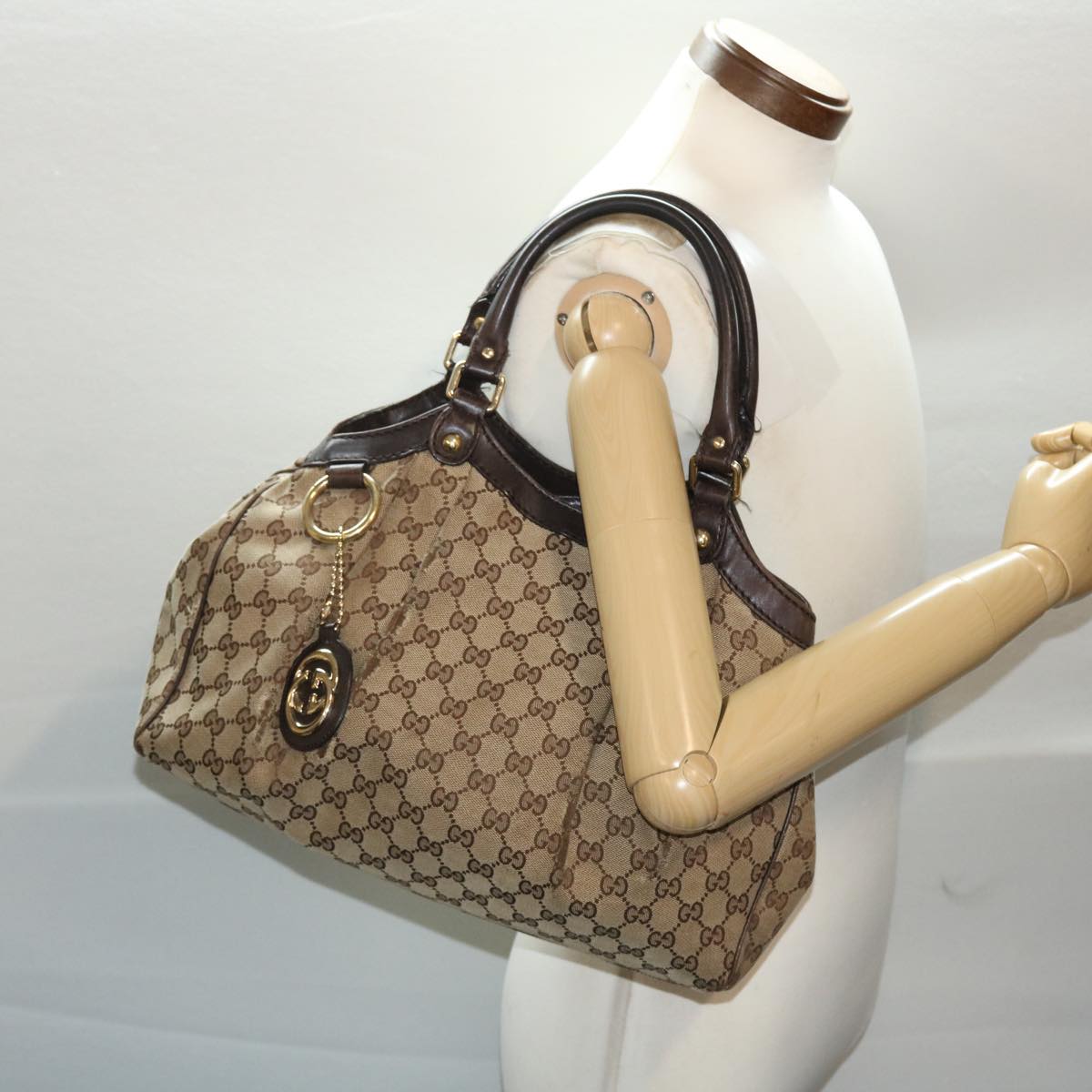 GUCCI GG Canvas Hand Bag Leather Beige 211944 Auth 49822