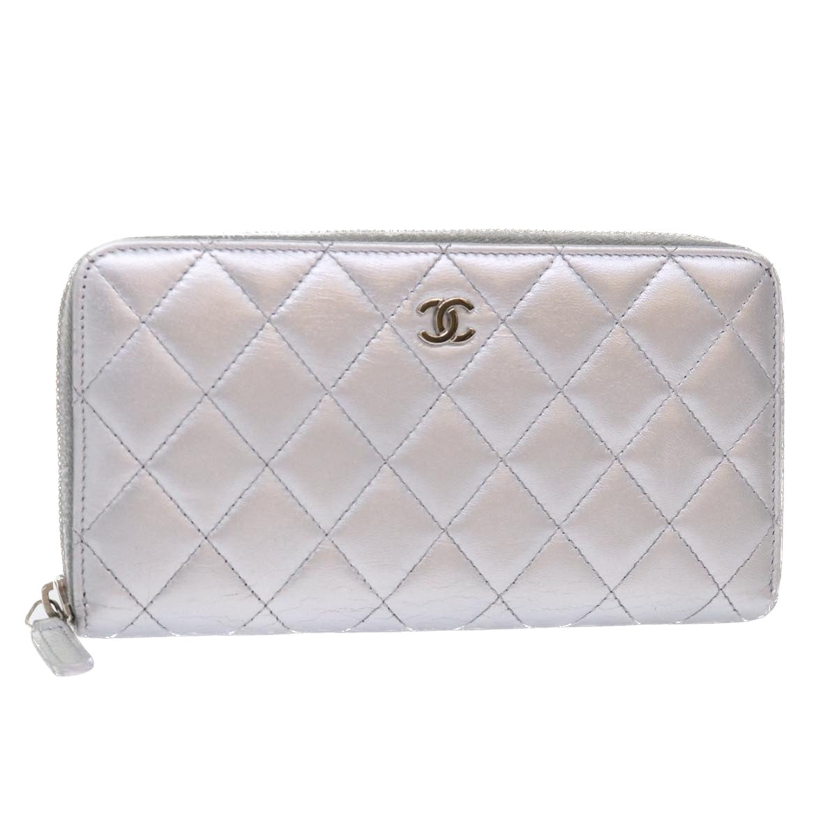 CHANEL Long Wallet Lamb Skin Silver CC Auth 49958A