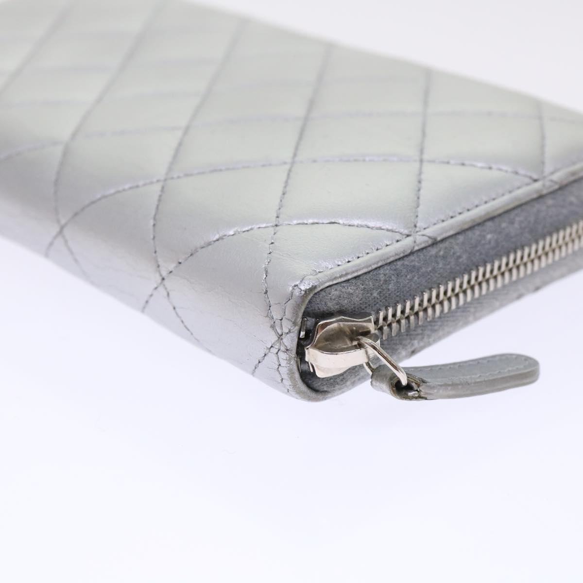 CHANEL Long Wallet Lamb Skin Silver CC Auth 49958A