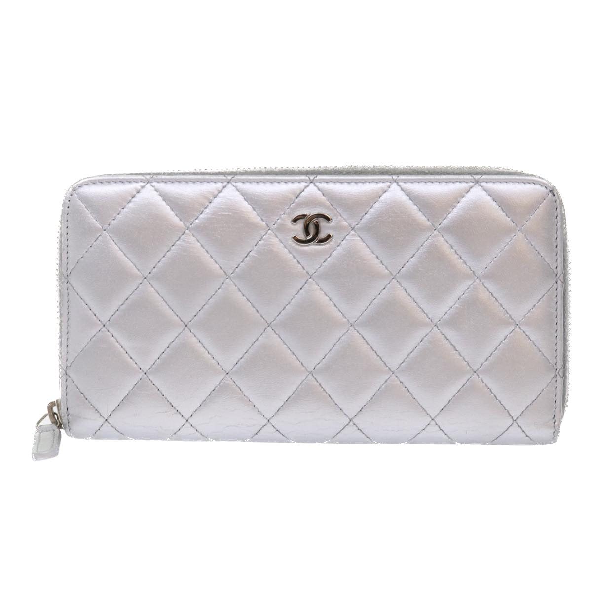 CHANEL Long Wallet Lamb Skin Silver CC Auth 49958A