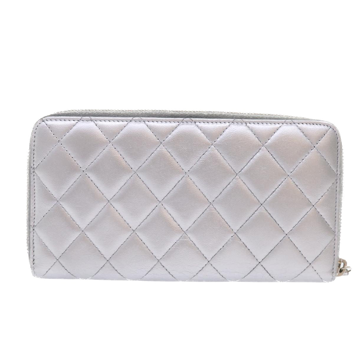 CHANEL Long Wallet Lamb Skin Silver CC Auth 49958A