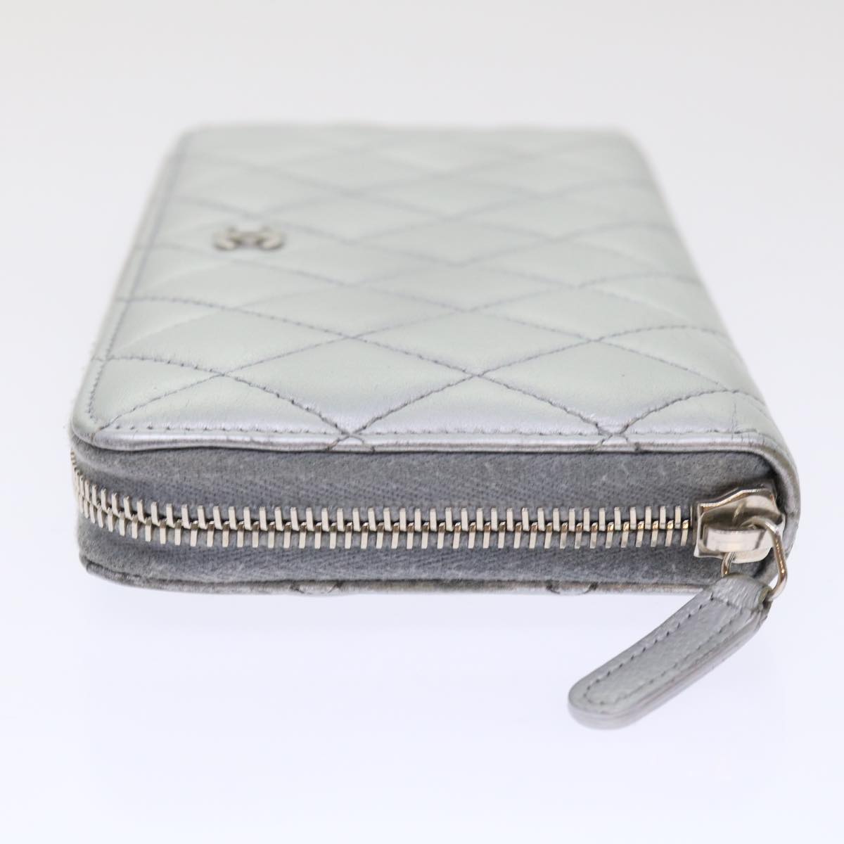 CHANEL Long Wallet Lamb Skin Silver CC Auth 49958A