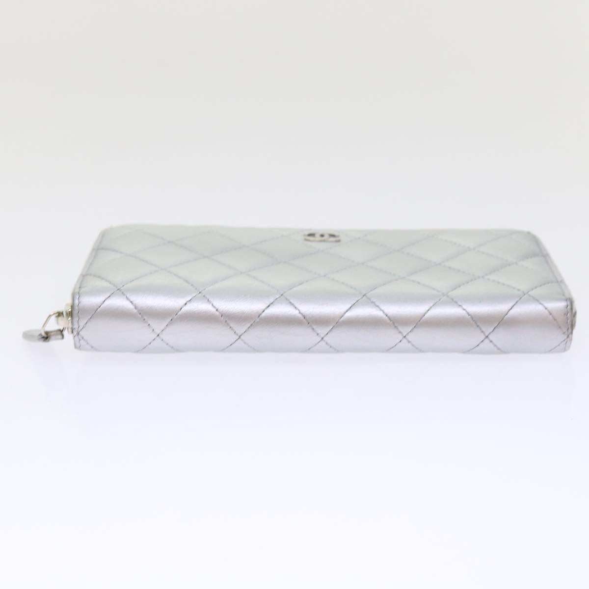 CHANEL Long Wallet Lamb Skin Silver CC Auth 49958A