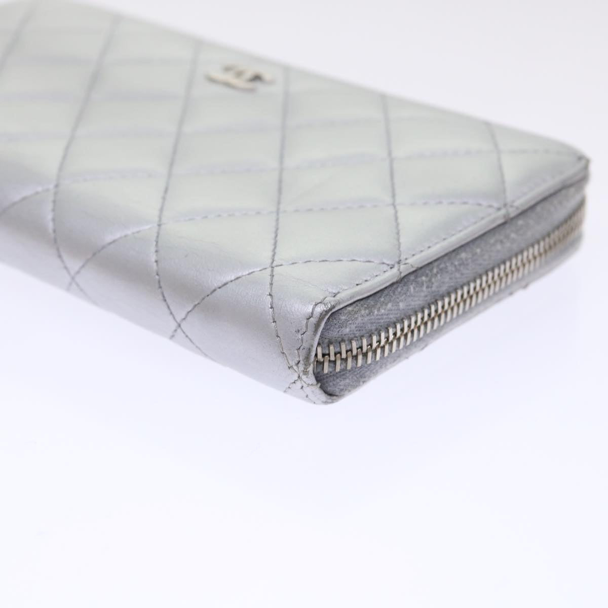 CHANEL Long Wallet Lamb Skin Silver CC Auth 49958A