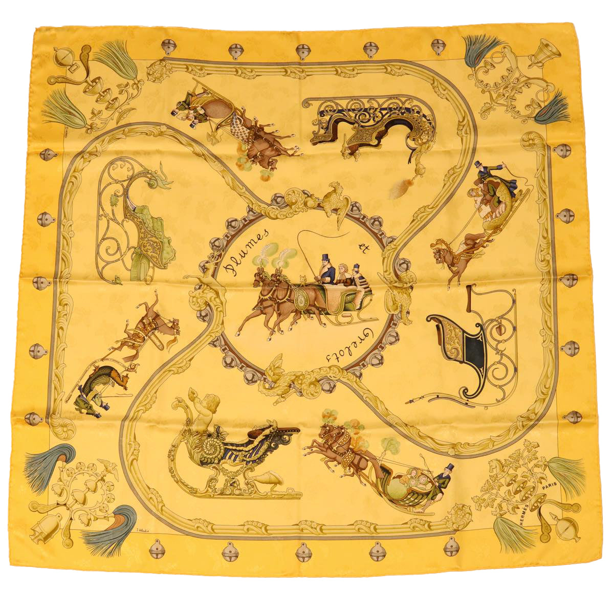 HERMES Carre 90 Scarf ""Plumes et Grelots"" Silk Yellow Auth 50267