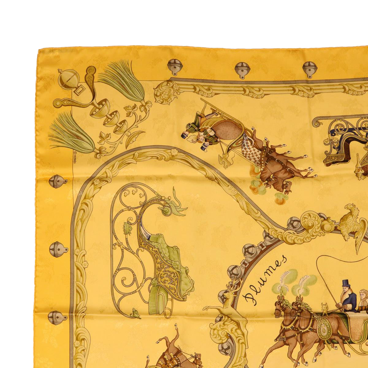 HERMES Carre 90 Scarf ""Plumes et Grelots"" Silk Yellow Auth 50267