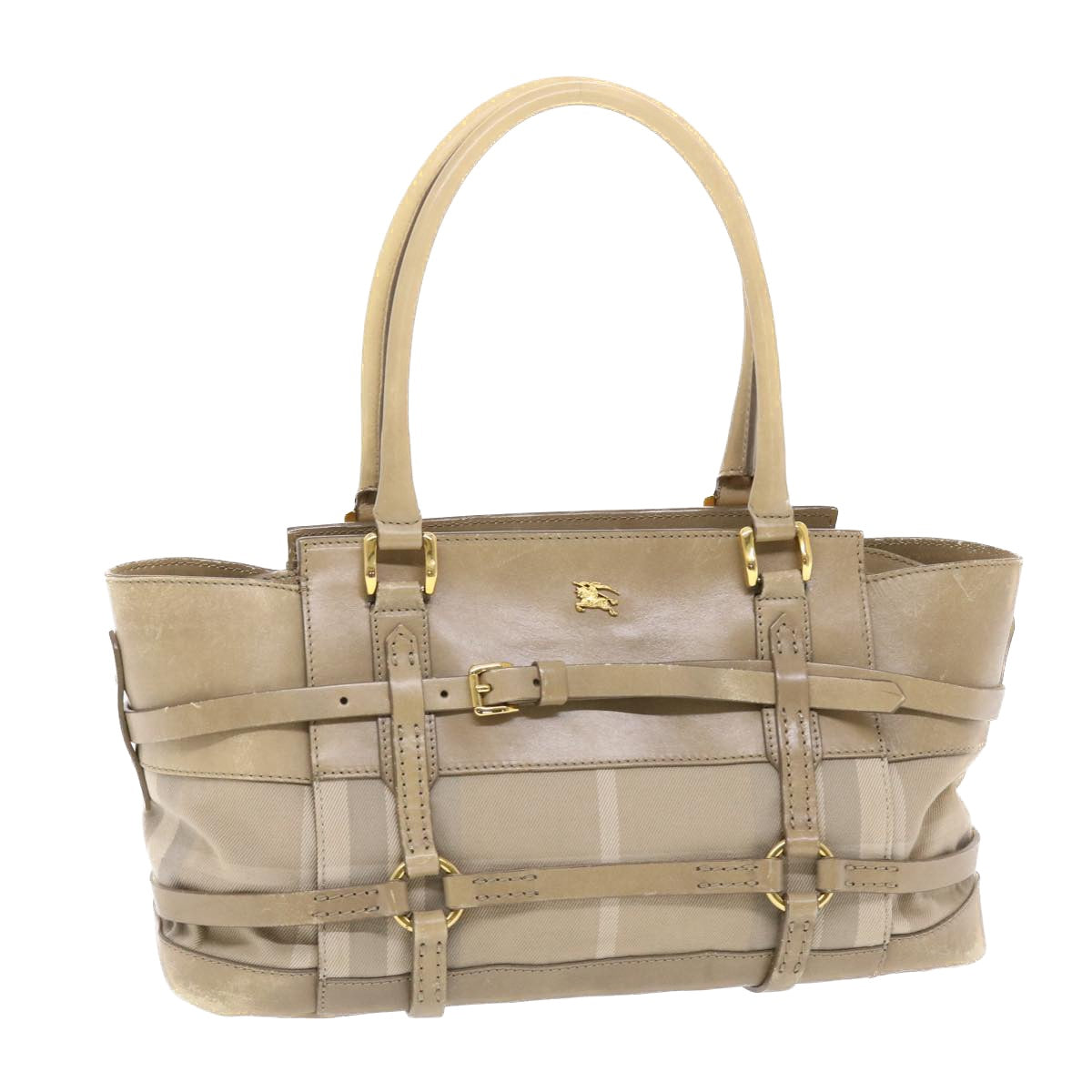 BURBERRY Nova Check Hand Bag Nylon Leather Beige Auth 50273