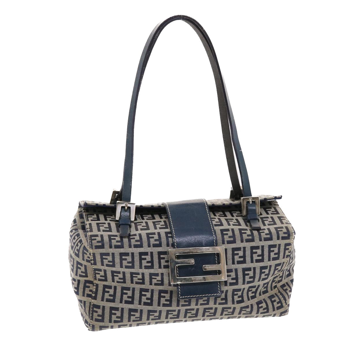 FENDI Zucchino Canvas Mamma Baguette Shoulder Bag Nylon Navy Auth 50426