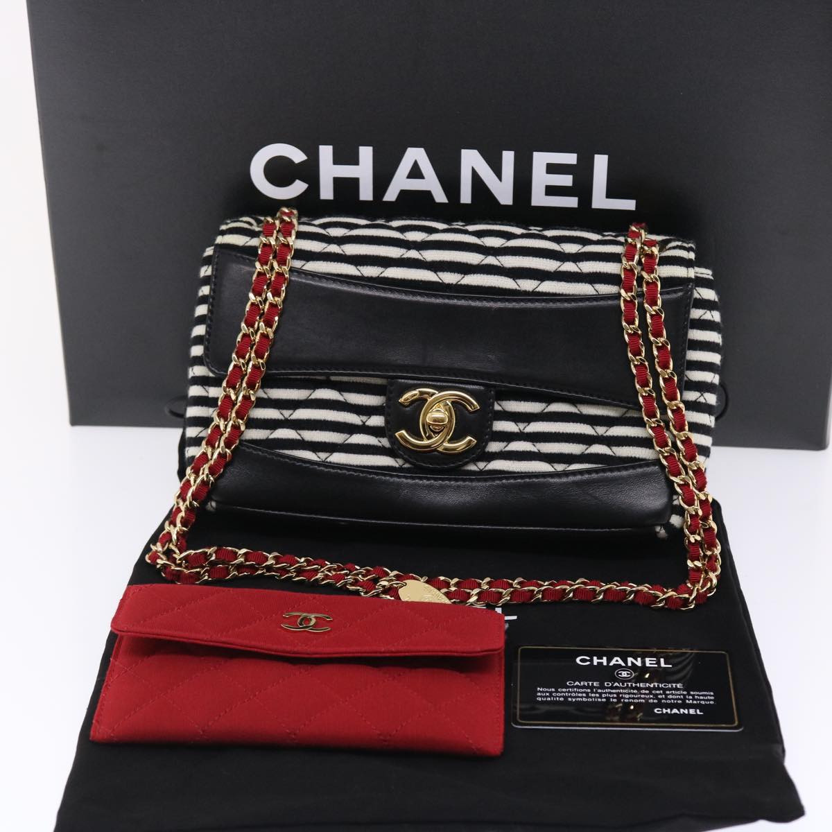 CHANEL Matelasse Shoulder Bag Quilted Canvas Black White Red CC Auth 50442A