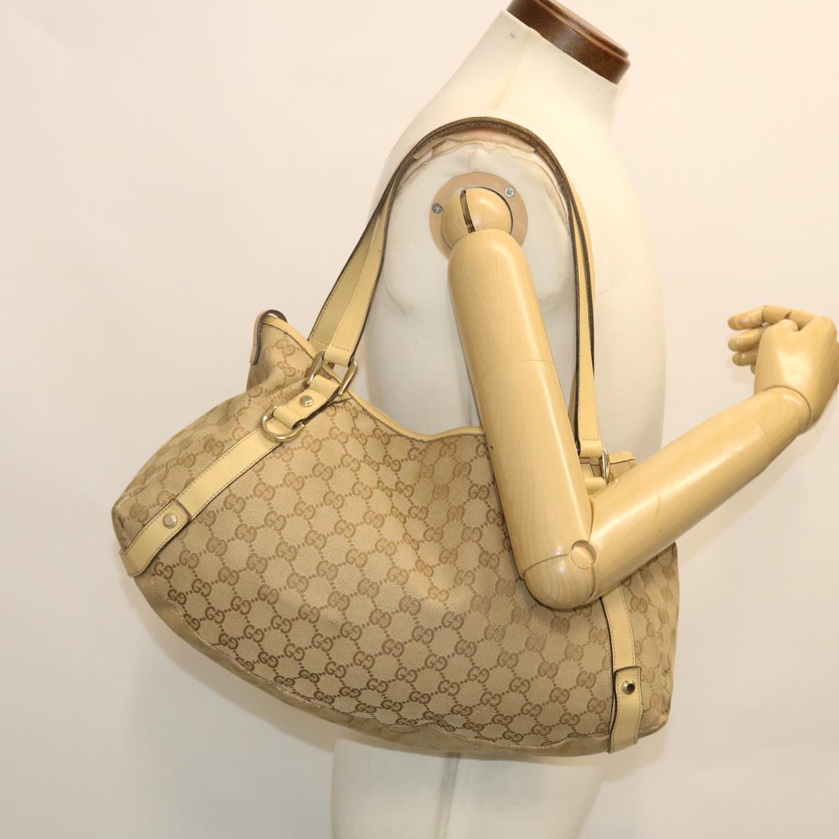 GUCCI GG Canvas Tote Bag Leather Beige 130736 002122 Auth 50997