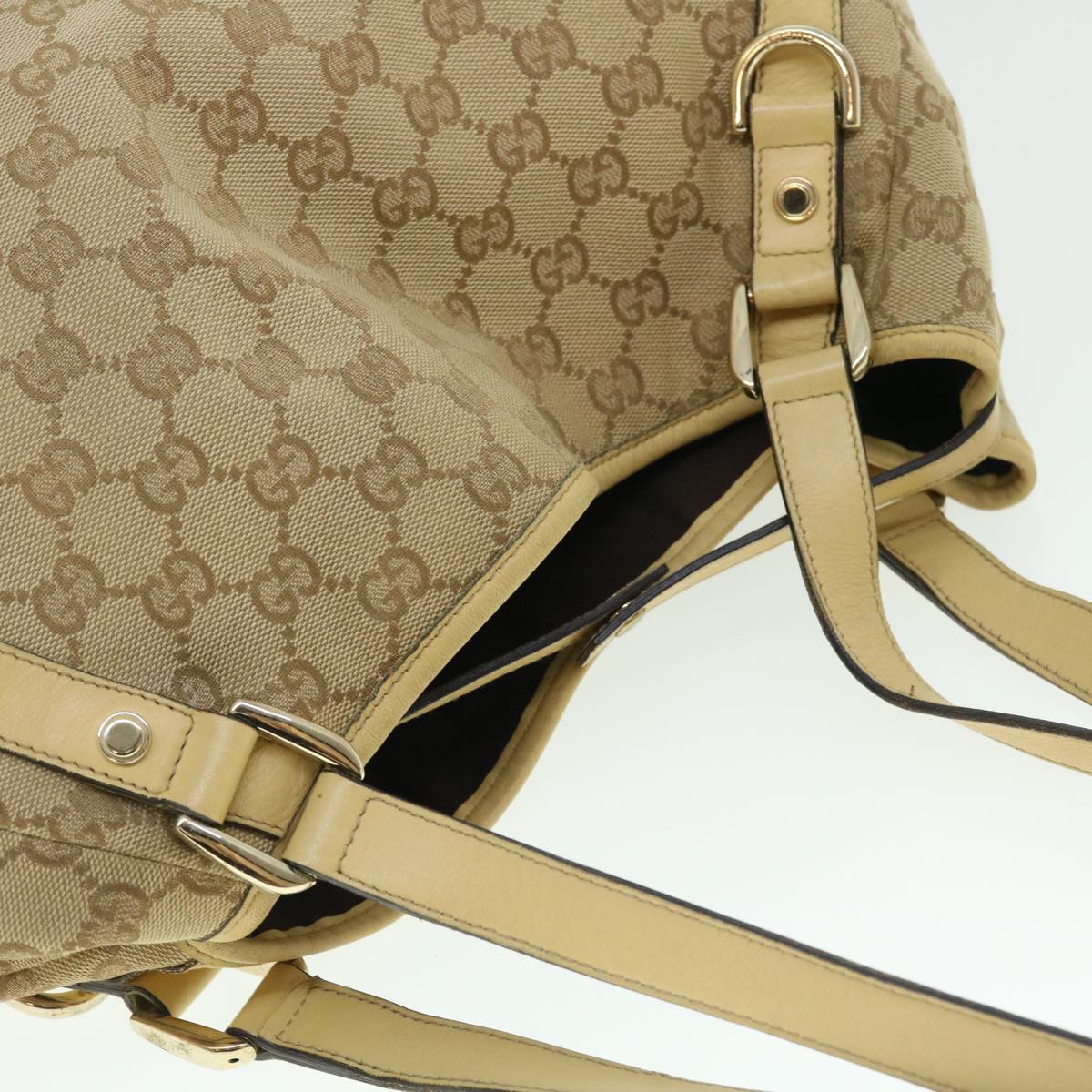 GUCCI GG Canvas Tote Bag Leather Beige 130736 002122 Auth 50997