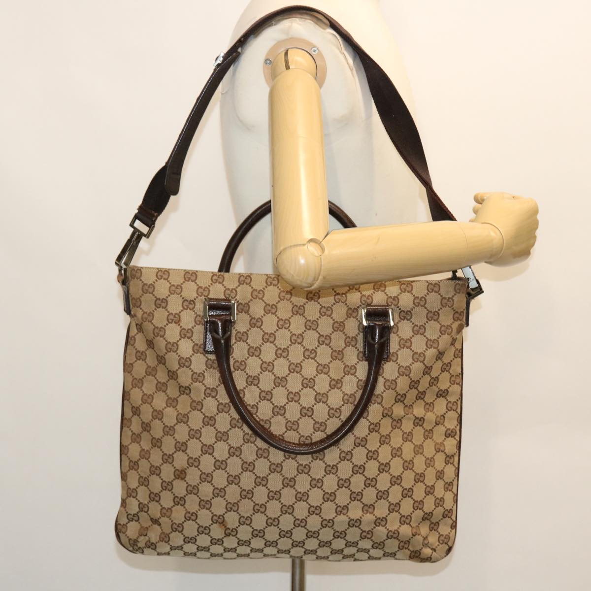 GUCCI GG Canvas Hand Bag Leather 2way Beige 122797 001013 Auth 51004