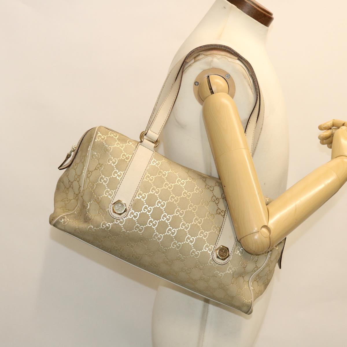 GUCCI GG Canvas Hand Bag Suede Beige Gold 154180 214397 Auth 51008