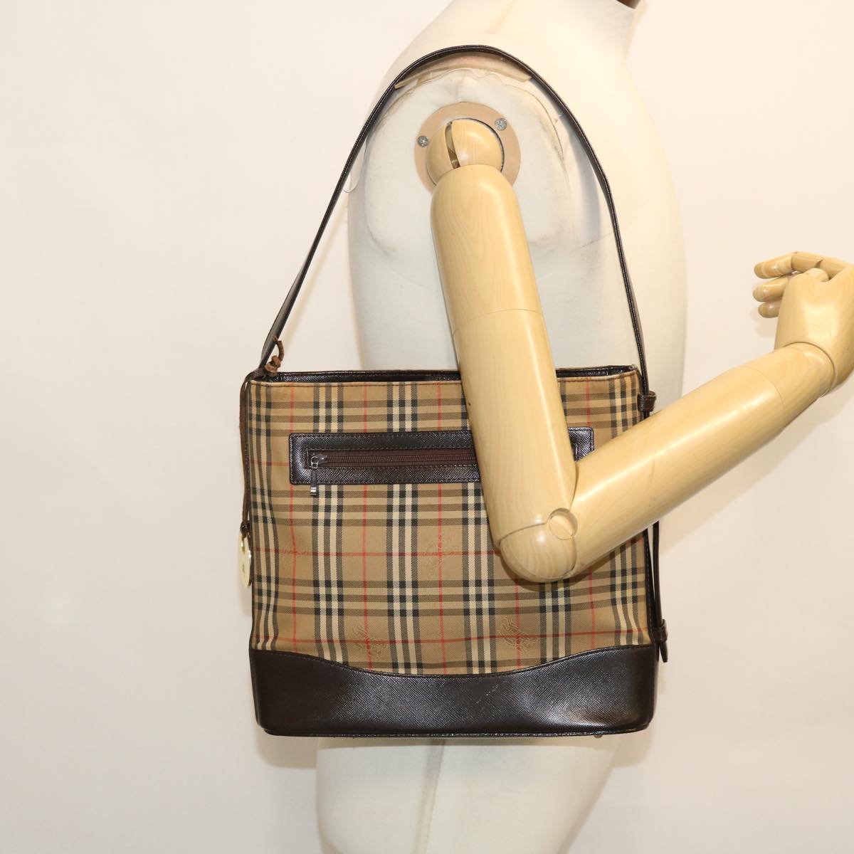 BURBERRY Nova Check Shoulder Bag Canvas Leather Beige Brown Red Auth 51027